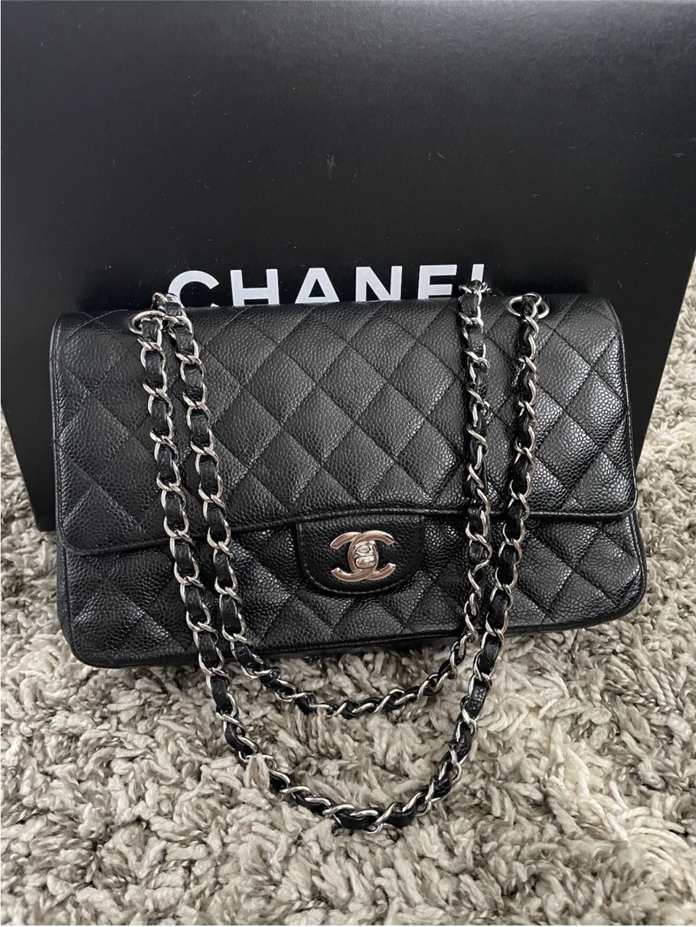 CHANEL Black Quilted Leather Flap Shoulder Bag with Silver-Tone Hardware